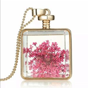 GOLD TONE GLASS BOTTLE with DRIED FLOWER NECKLACE